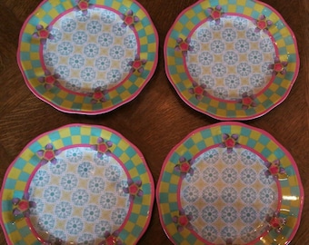 Mackenzie Childs Melamine plates set of 4 - flower floral blue pink  rare designer vintage free shipping