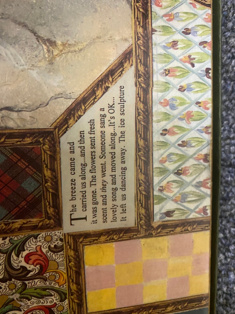 May include: A vintage-style framed collage featuring a chequered pattern, floral designs, and a text excerpt about a breeze carrying people along. The text reads: "The breeze came and carried us along...and then it was gone. The flowers sent fresh scent and they went. Someone sang a lovely song and moved along...It's OK...It left us dancing away. The ice sculpture"