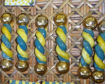 Mackenzie Childs Porcelain Ceramic Cabinet Dresser Pull Knob twisted braided handle sea & shore torquay aqua blue yellow - 9 available