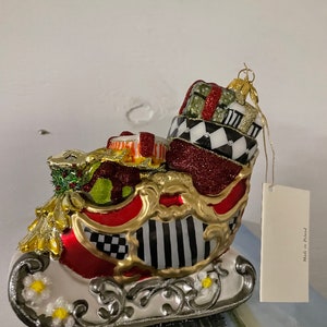 Mackenzie Childs Glass Courtly check sleigh Christmas tree ornament new in box Rare & Retired FREE SHIPPING - more ornaments available