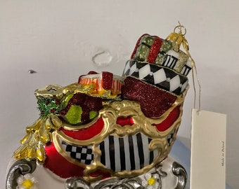 Mackenzie Childs Glass Courtly check sleigh Christmas tree ornament new in box Rare & Retired FREE SHIPPING - more ornaments available