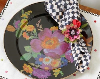 Mackenzie Childs Black Flower Enamel charger 12" dinner Plate - Rare retired - many matching pieces available 4 available other colors