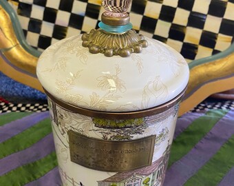 Mackenzie Childs Aurora Canister storage jar barn farm cow enamel country chic vintage rustic metal fairhavenfinds
