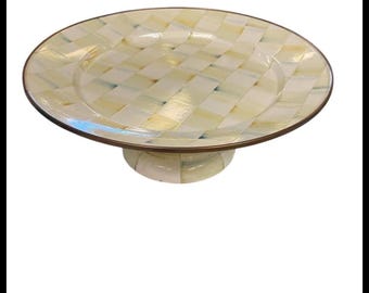 MacKenzie-Childs designer perkament geruit voetstuk taartplateaustandaard emaille crème 12" bijpassende stuks beschikbaar