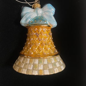 Mackenzie Childs Parchment Check cream and blue Glass Christmas Bell Rare Vintage Piece Decoration Whimsical christmas tree ornament NIB