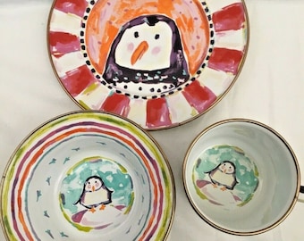 Mackenzie Childs penguin Childrens Kids enamel Dinner Set Plate, Bowl and Mug -  Rare, retired more styles available Next day Free Shipping