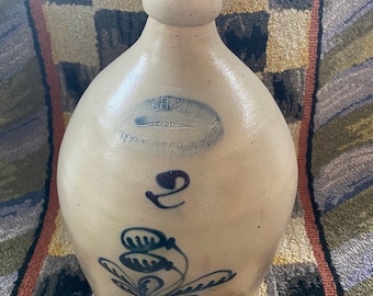 Antique Burger & Lang 2 gallon cobalt blue flower stoneware jug with handle ~ Vintage ~ Rare
