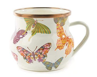 Taza de café y té esmaltada Mackenzie Childs Vintage Rare Butterfly Garden Courtly Check retirada - más piezas disponibles ENVÍO GRATIS