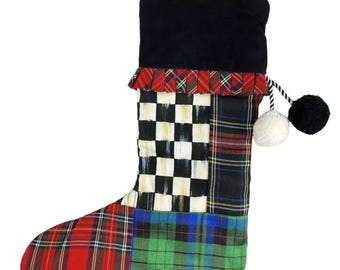 Set of 2 Mackenzie Childs courtly check patchwork Christmas Stocking large  18" holiday rare and Retired - FREE SHIPPING