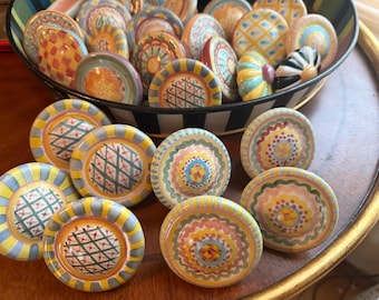Mackenzie Childs pottery flower handpainted ceramic set of 8 cabinet drawer knobs pulls Very Hard To Find Free Shipping blue round yellow