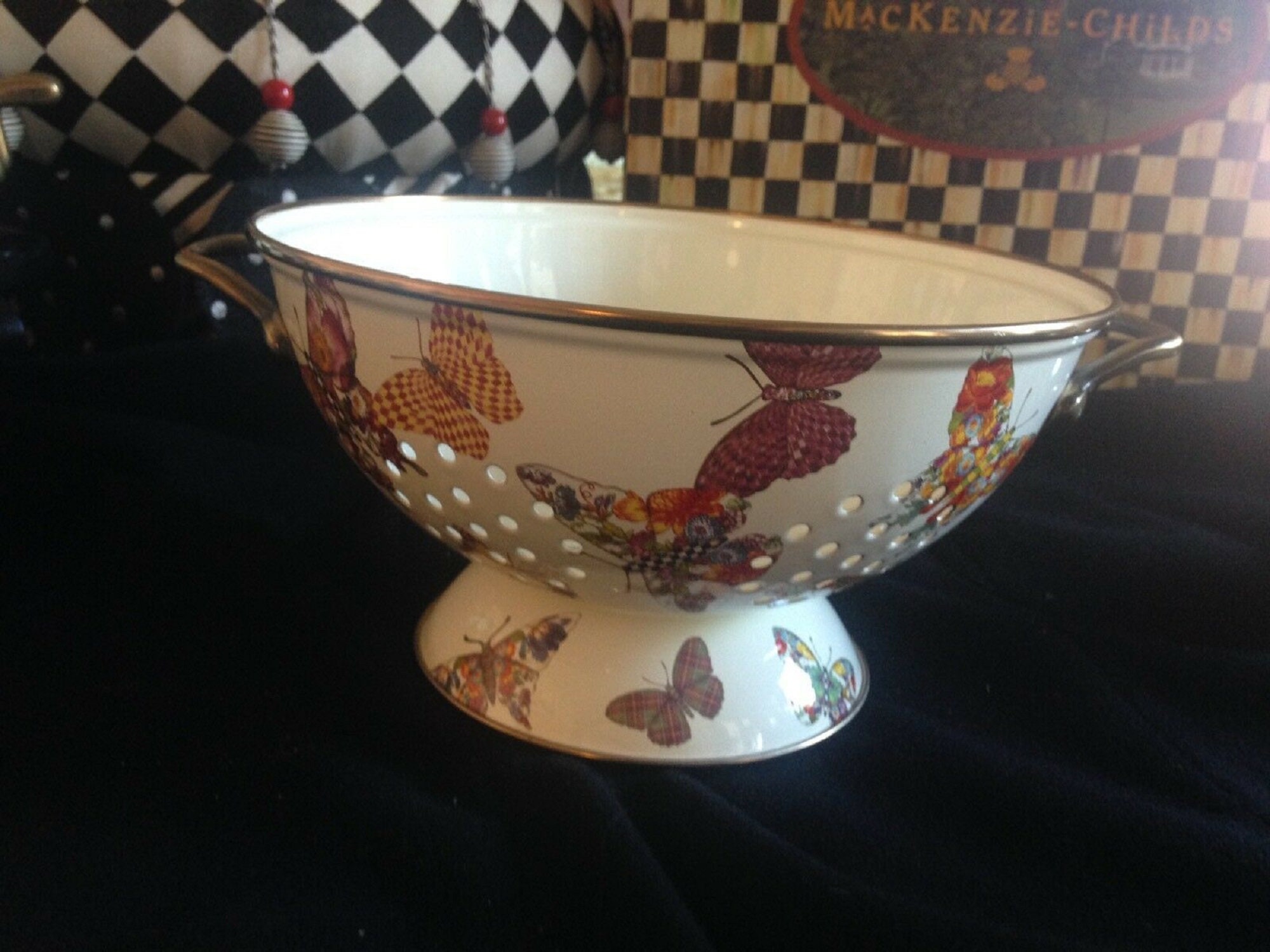 Mackenzie Childs Vintage Rare Butterfly Garden Courtly Check Enamel Colander Storage Container - More Pieces Available Free Shipping
