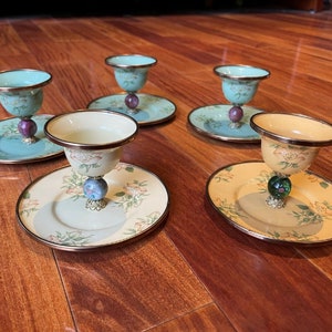 Mackenzie Childs Set van 5 Camp Enamel 1995 Witgroene Bloem Vintage Victoria Richard ZEER ZELDZAME Eierdopjes Czech Rose kraal