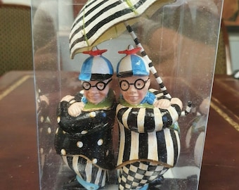 Adorno navideño de Mackenzie Childs, Tweedle Dee y Dum, descatalogado, difícil de encontrar, retirado, Alicia en el País de las Maravillas, en caja dañada.