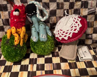 Mackenzie Childs Set of 3 fabric crochet whimsical Christmas Tree Ornaments elephant mushroom lion retired rare