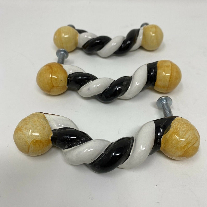3 Mackenzie Childs Ceramic pottery handpainted Cabinet Dresser Pull Knob with Hardware More available WHIMSICAL Handle yellow Black White