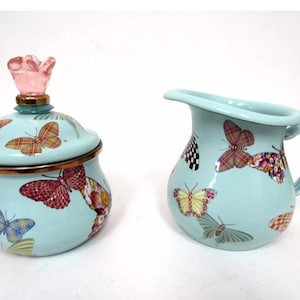 Mackenzie Childs blue butterfly courtly check Creamer and sugar bowl with lid retired enamelware flowers  RARE  vintage