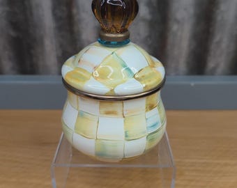 Mackenzie Childs Parchment Check  Enamel Sugar Bowl Lidded Mini Canister Jar check Retired and Rare matching pcs available