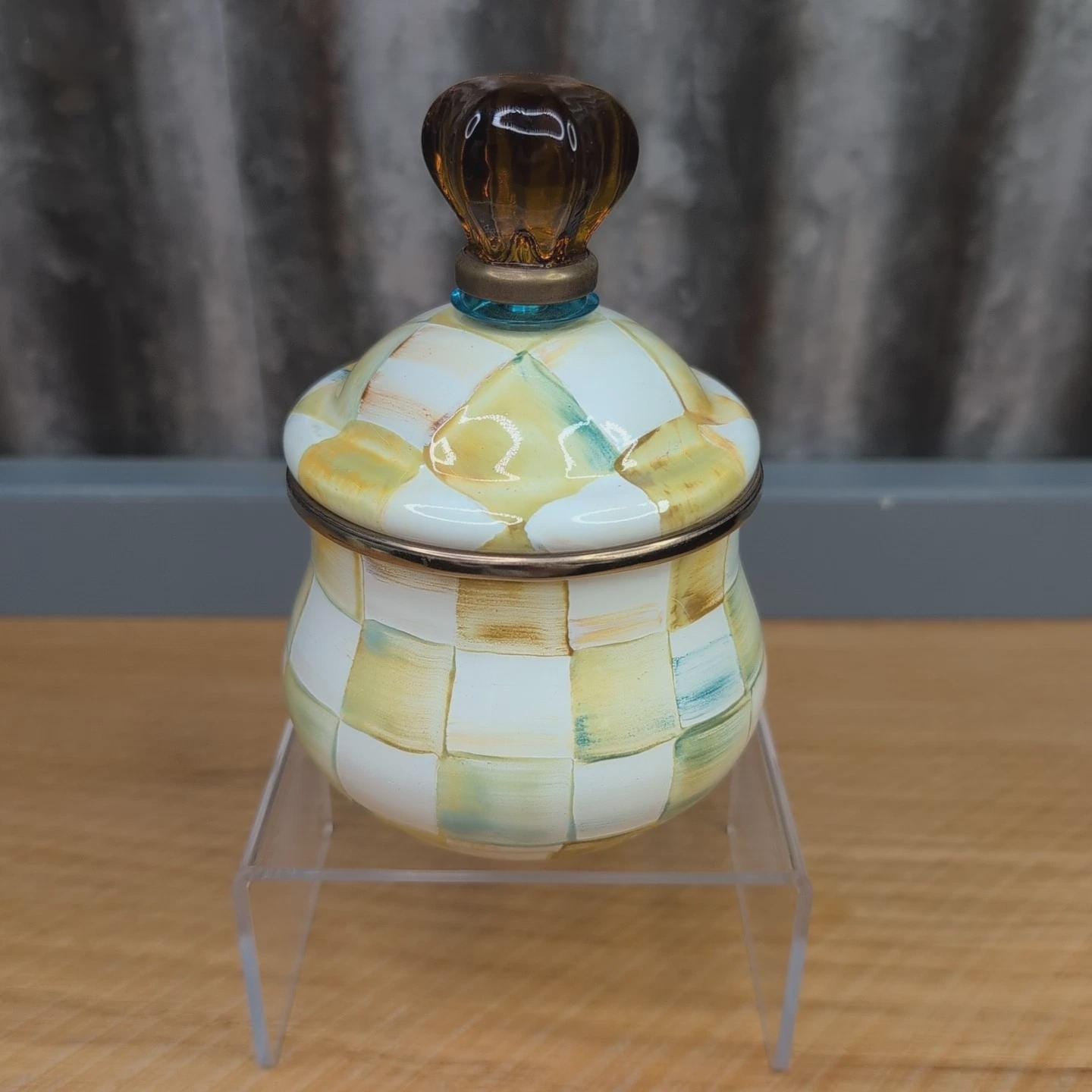 Mackenzie Childs Parchment Check Enamel Sugar Bowl Lidded Mini