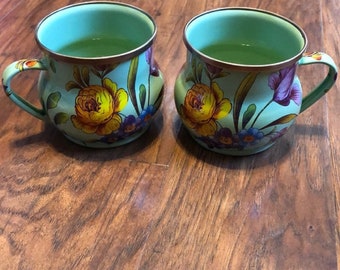 Mackenzie Childs green Flower Market Gorgeous  Enamel Coffee Mugs Cups - Set of 2  more pieces available FREE SHIPPING