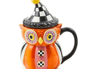 Mackenzie Childs Courtly Check Pottery Ceramic Owl Mug With Lid Hat New in Box Whimsical rare decor