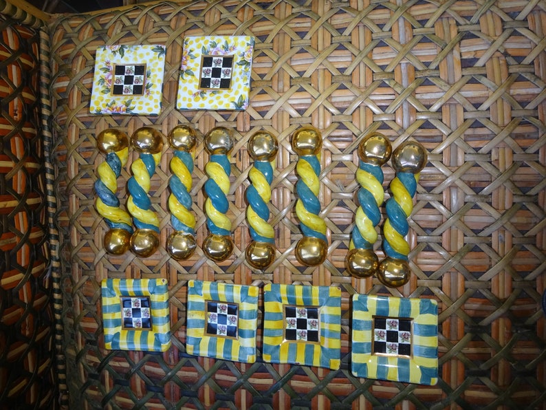 3 Mackenzie Childs Ceramic pottery handpainted Cabinet Dresser Pull Knob with Hardware More available WHIMSICAL Handle yellow Black White