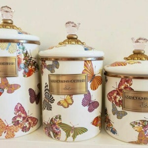 Mackenzie Childs Vintage zeldzame vlindertuin hoofse ruit set van 3 jerrycans NIEUW - meer stuks beschikbaar GRATIS VERZENDING