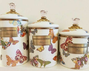 Mackenzie Childs Vintage Rare Butterfly Garden courtly Check Set of 3 Canisters NEW - more pieces available  FREE SHIPPING