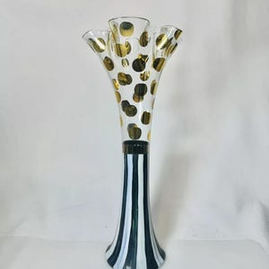 Mackenzie Childs glazen vaas met ruches hoofse streep gouden polka dot 10&quot; bloemenprachtig NIEUW GRATIS VERZENDING