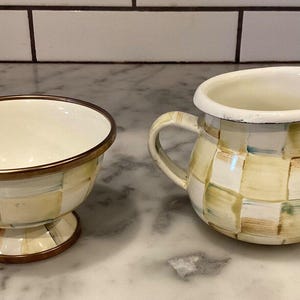 MacKenzie-Childs Set of 2 parchment check MINI sugar bowl and creamer - so cute!  Enamelware  retired rare cream white  FREE SHIPPING