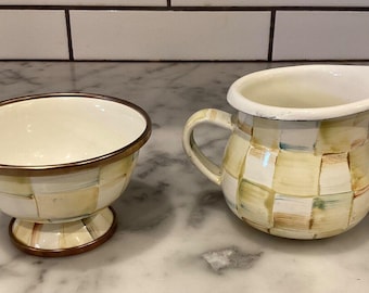 MacKenzie-Childs Set of 2 parchment check MINI sugar bowl and creamer - so cute!  Enamelware  retired rare cream white  FREE SHIPPING