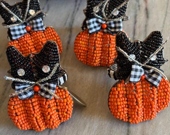 Mackenzie Childs set of 4 black cat beaded napkin rings holders halloween designer - new