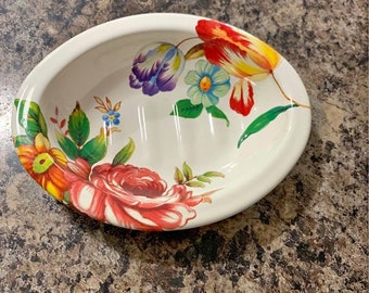 mackenzie childs white flower market floral enamel soap dish holder - trinket dish - country decor cottage new