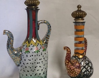 Mackenzie Childs Long Retired Glass Cruet Set with Brass Stoppers Handpainted MINT Whimsical Unique Designer