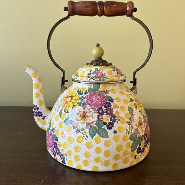 Retired Mackenzie-Childs BUTTERCUP yellow polka dot & pink rose Enamelware TEAPOT Tea kettle READ- many matching pieces available