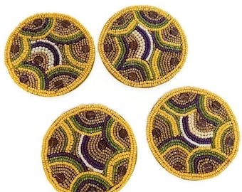 Mackenzie Childs courtly Check Set of 4 gold black white beaded coasters  - Very Rare - Hard to find RetireD designer