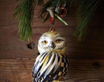Mackenzie Childs Courtly Check Snowy Owl Handblown Glass Christmas Tree Ornament Very Hard To Find retired Free shipping