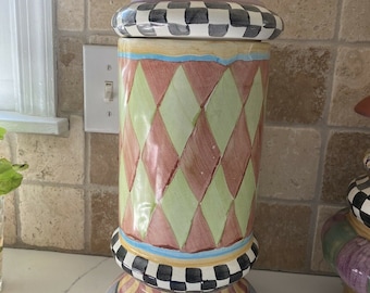 Mackenzie Childs Ceramic tall Large Porcelain Harlequin oddfellows Canister Storage Jar - more majolica piece available