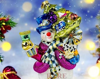 Mackenzie Childs snowman Christmas Tree Ornament  RARE Courtly Check Made in Poland  new in gift box