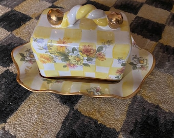 Mackenzie Childs Keramik Majolika Honeymoon Lemon Curd Butter House Dish Dome & Platzteller Victoria Richard Vintage