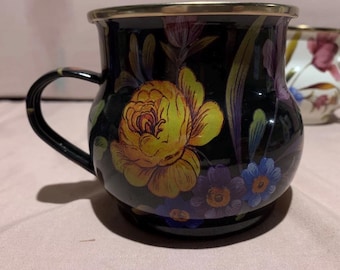 Mackenzie Childs black flower market floral designer enamel coffee tea cup mug retired - more pieces available  FREE SHIPPING