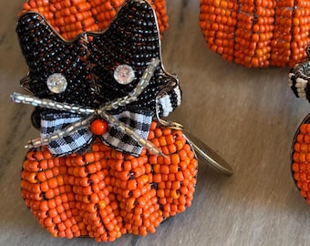 1 Mackenzie Childs set of black cat beaded napkin ring holders halloween designer - 4 available