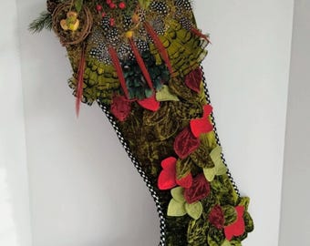 Mackenzie Childs  woodland nest feathers christmas tree stocking SupeR RARE - designer retired matching tree skirt available