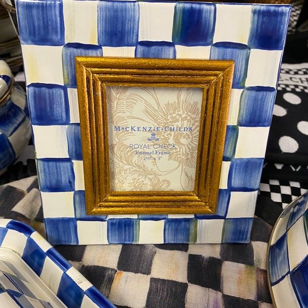 MACKENZIE CHILDS royal blue 2.5 x 3 royal check blue picture photo frame enamel Free Shipping more pieces available new in box