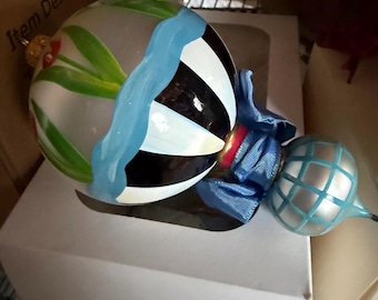 Adorno de tulipán de vidrio con doble lágrima de Mackenzie Childs, con rayas elegantes, pintado a mano, con caja, nuevo en caja, retirado, raro