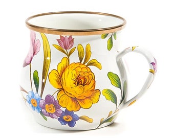 Set of 4 Mackenzie CHILDS White Floral  Flower Enamel Coffee Cup MUG -  Rare Htf Vintage more pieces matching pieces avl  Free SHIPPING