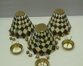 1 Mackenzie Childs paper courtly check Mini Chandelier Shades with followers - 4 available vintage rare retired beaded gold