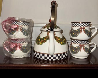 Mackenzie Childs evergreen Christmas tree courtly check tea kettle and  4 Coffee Mugs Cups enamel FREE SHIPPING