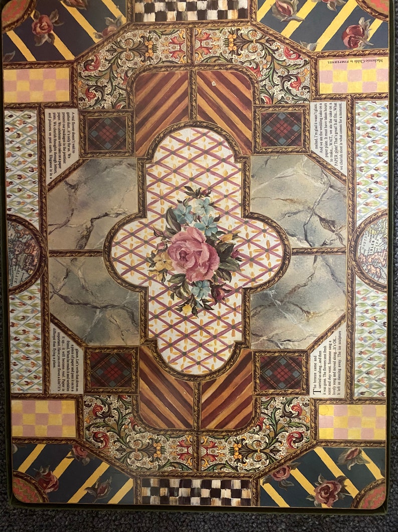 May include: A decorative table mat with a patchwork design featuring various patterns and colours, including floral motifs, plaid, and geometric shapes. The central design features a large pink rose with green leaves. The text "Machanie C. IMPERNEL" is visible in the top right corner.