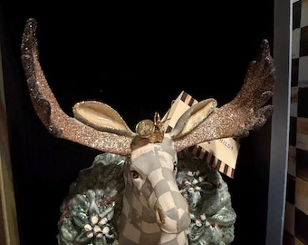 Mackenzie Childs moose sterling check glass handblown moose ornament from Poland new decorative heirloom box retired rare designer free ship