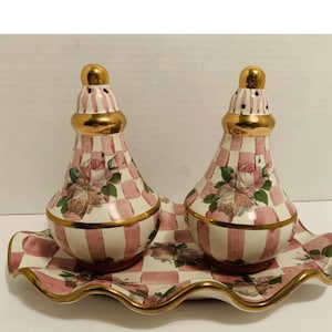 Mackenzie Childs Pottery Rosa guld Smekmånad Salt- och pepparkar rosenblad keramik keramik - fler tillgängliga, andra färger/stilar
